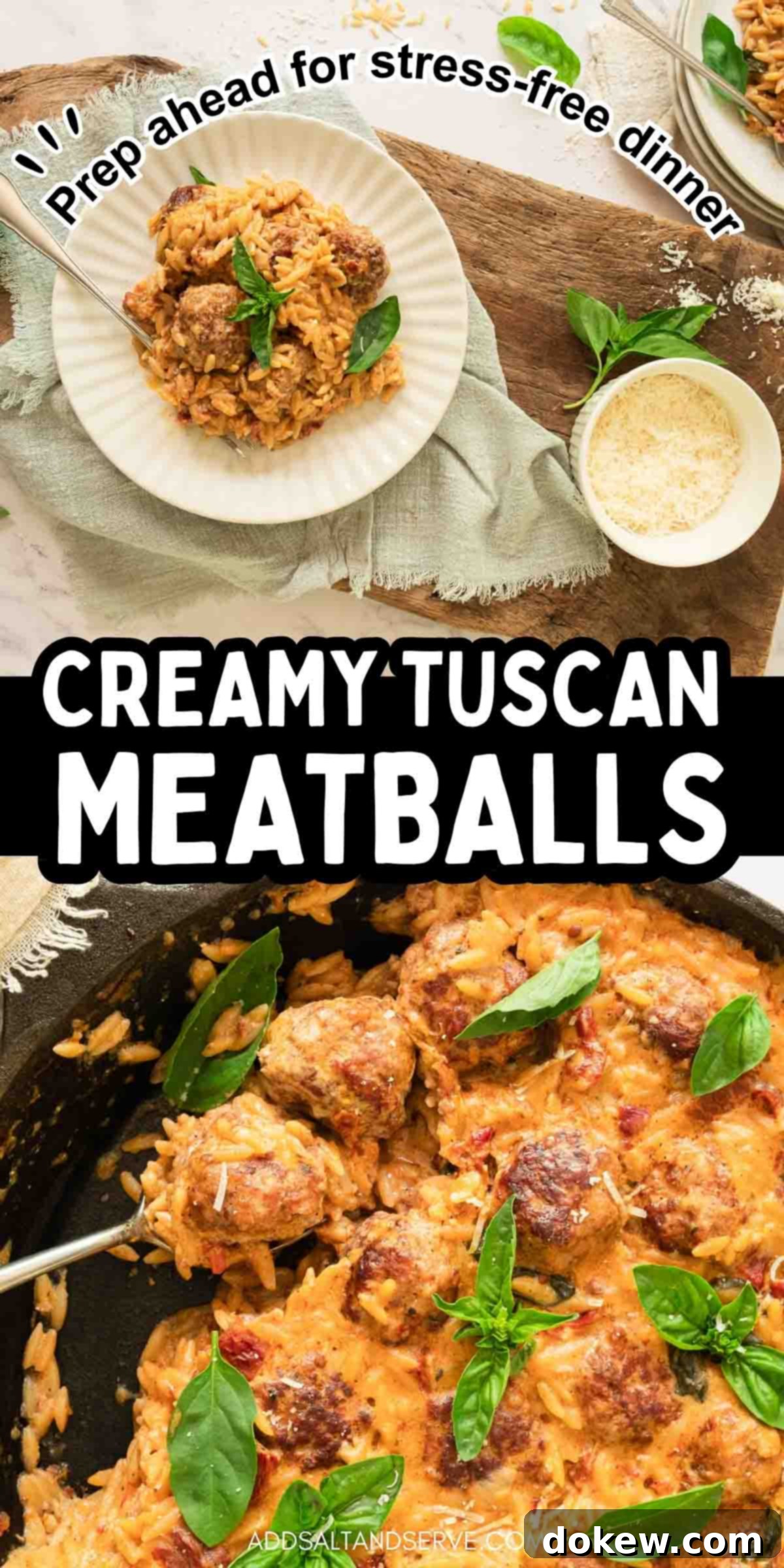 Hearty Tuscan Meatballs with Orzo 9 Pin for creamy Tuscan meatballs with images of meatballs cooked with orzo in a creamy sun-dried tomato sauce and garnished with fresh basil.