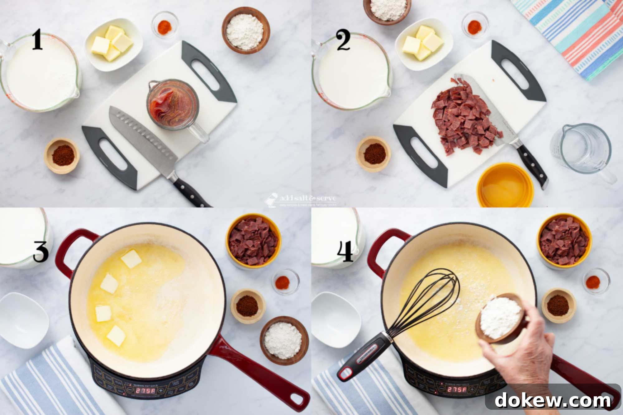 Hearty Chipped Beef Gravy 4 Composite image showing the initial steps of making creamy chipped beef gravy: 1 - ingredients ready, with dried beef soaking in water; 2 - chopped dried beef on a cutting board; 3 - melted butter in a skillet; 4 - flour being added to the melted butter to form a roux.
