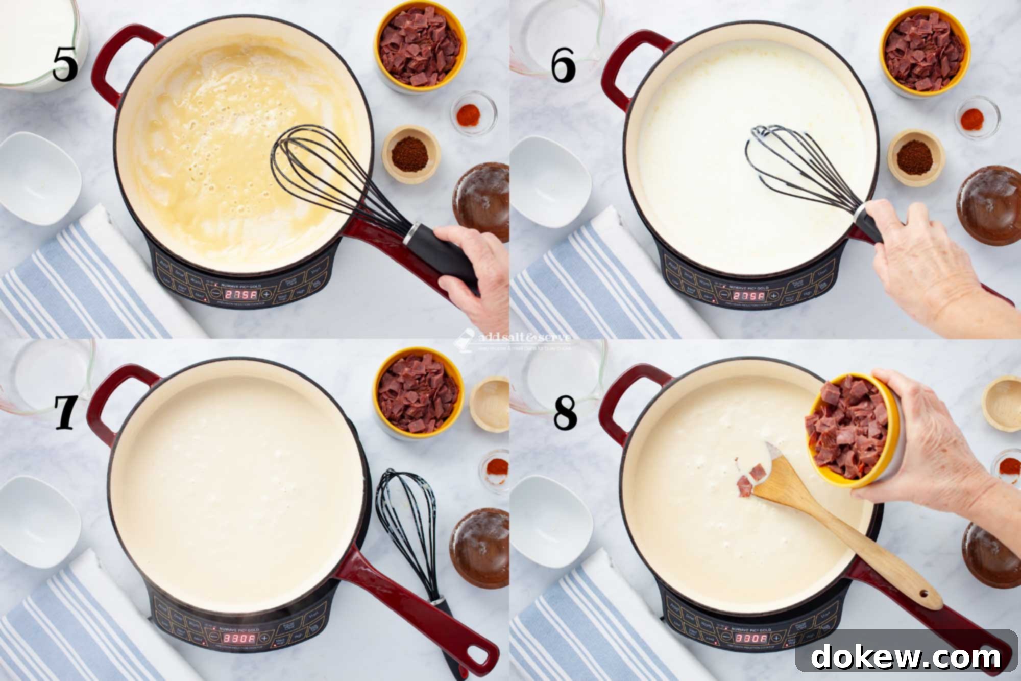 Hearty Chipped Beef Gravy 5 Composite image showing the intermediate steps of making creamy chipped beef gravy: 5 - bubbling roux in a skillet; 6 - milk added to the roux, beginning to form a white sauce; 7 - cream sauce simmering to thicken; 8 - chopped dried beef being stirred into the finished cream sauce.
