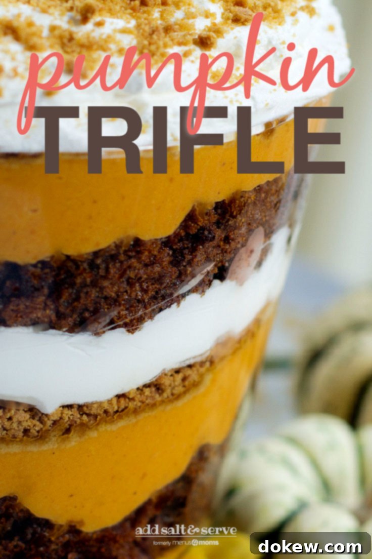 Add Salt & Serve: Pumpkin Trifle layers of pumpkin filling, crushed gingersnaps, crumbled gingerbread, and whipped cream in a trifle bowl with text pumpkin Trifle - Add Salt & Serve (formerly Menus4Moms)