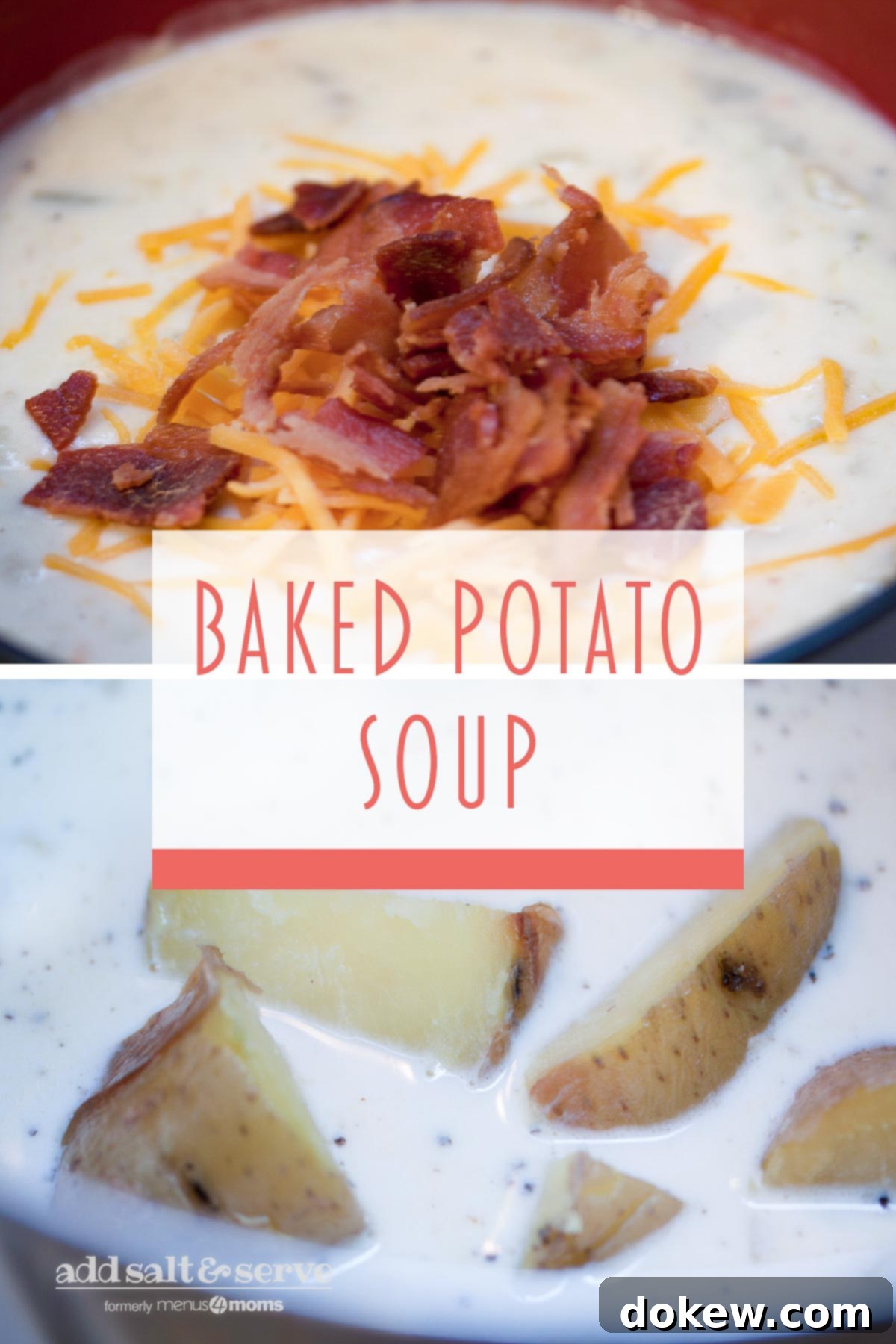 Loaded Baked Potato Soup 10 Composite image: Top photo is baked potato soup topped with shredded cheddar cheese and chopped bacon. Bottom photo is chopped potatoes in a bowl of baked potato soup. Text; Baked Potato Soup - Add Salt & Serve logo