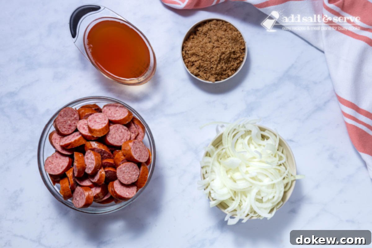 Caramelized Brown Sugar Kielbasa Skillet 2 Ingredients for Brown Sugar Kielbasa (kielbasa, apple cider vinegar, onion, and brown sugar)