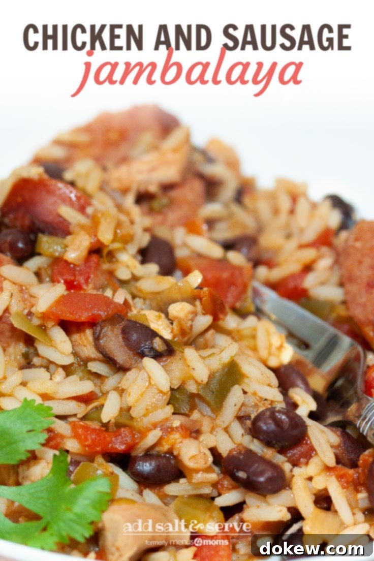 Cajun Chicken and Sausage Jambalaya 3 White bowl and fork with rice, black beans, sausage, tomatoes, and green chilies. Text Chicken and Sausage Jambalaya Add Salt & Serve formerly Menus4Moms