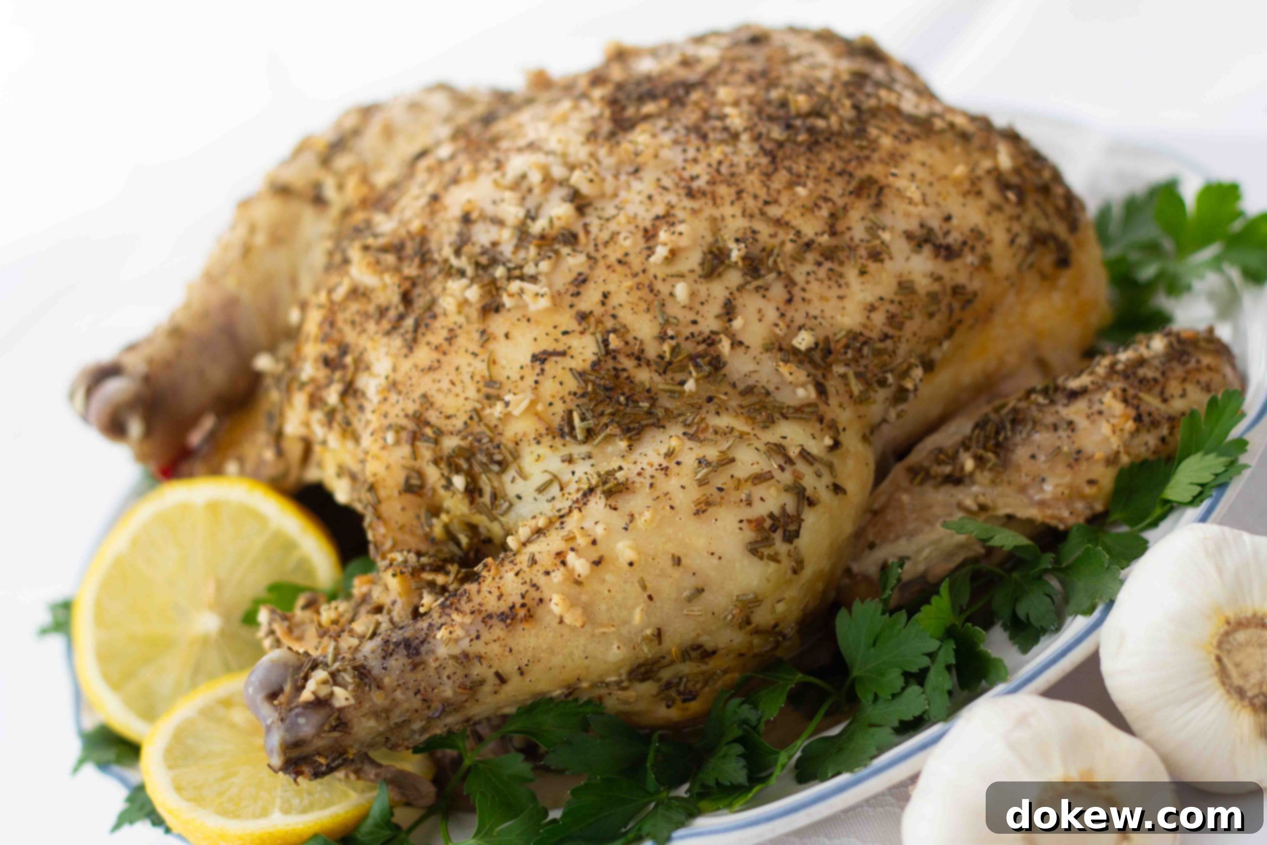 Greek Chicken Whole roasted chicken with a dried rosemary and minced garlic rub on a white plate, garnished with lemon slices and parsley. There are two bulbs of garlic beside the plate in the bottom right corner.