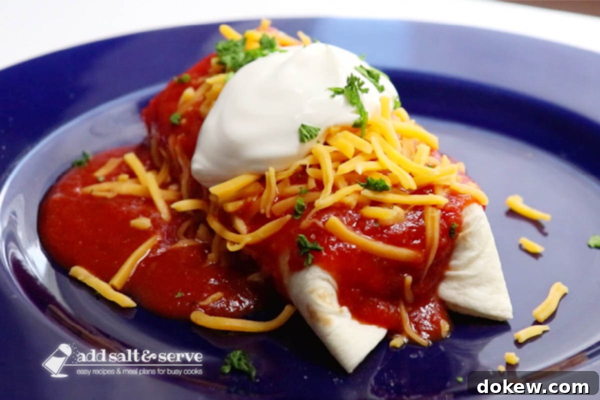 Burrito mojado topped with shredded cheddar, cool sour cream, and freshly chopped cilantro, ready to serve.