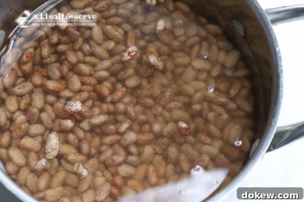 Uncooked pinto beans in a large pot covered in water for soaking.
