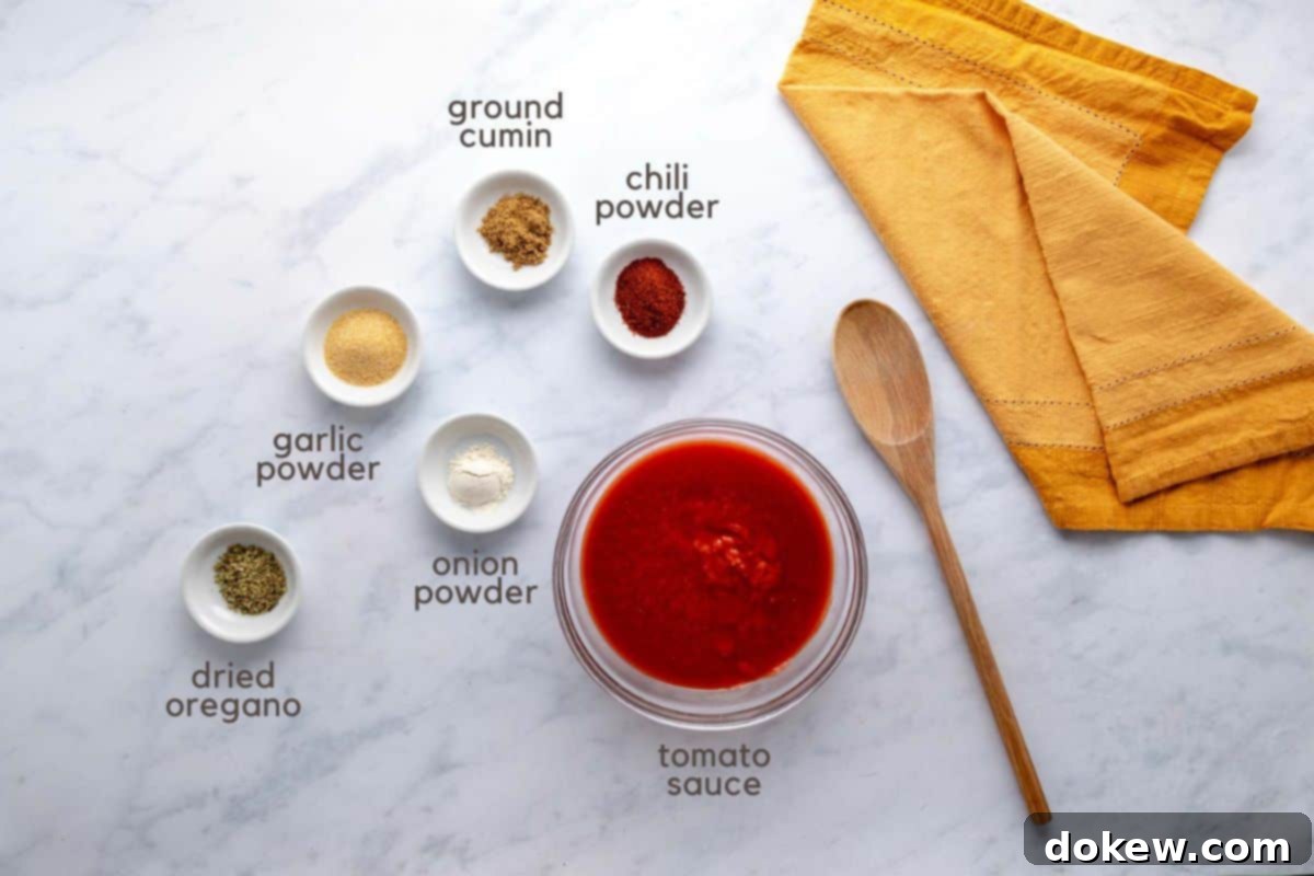 Effortless Homemade Enchilada Sauce 2 Ingredients for homemade red enchilada sauce: tomato sauce, chili powder, ground cumin, onion powder, garlic powder, and dried oregano.