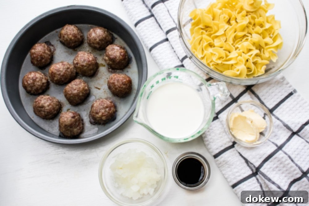 Creamy Balsamic Meatballs Meatballs in a pan and bowls of ingredients: cooked egg noodles, cream, chopped onion, balsamic vinegar, and butter