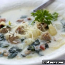 Creamy Tuscan Sausage Kale Soup 2 Bowl of soup with spinach, potatoes, bacon and cheese