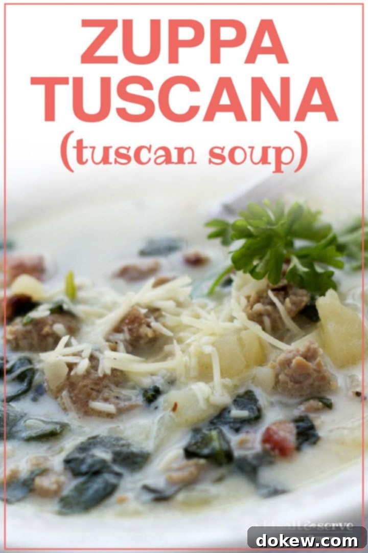 Creamy Tuscan Sausage Kale Soup 3 Bowl of soup with spinach, potatoes, bacon and cheese; text Zuppa Tuscana (Tuscan Soup) Add Salt & Serve formerly Menus4Moms