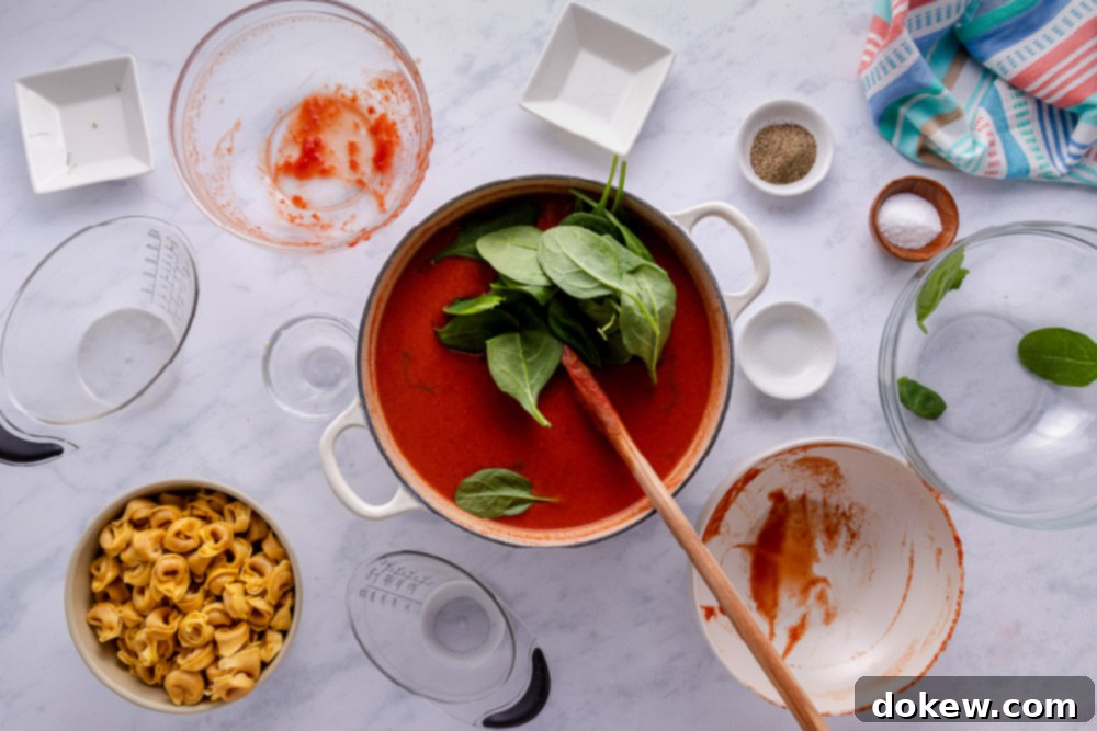 Effortless 15-Minute Tomato Spinach Tortellini Delight 6 Adding spinach to Tomato Spinach Tortellini Soup
