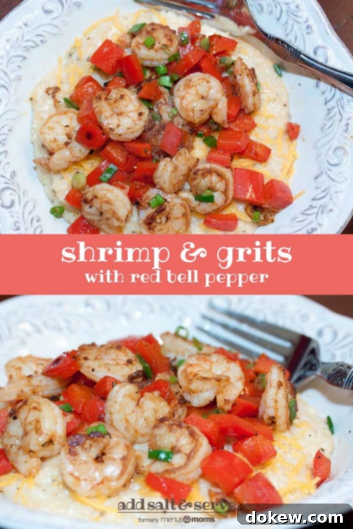 Classic Southern Shrimp and Grits Pin Top photo is an overhead shot of shrimp, diced tomatoes, and shredded cheddar cheese on grits, on a white plate with a fork. Bottom photo is a side view of the same plate of food. Text Shrimp & Grits with Red Bell Pepper Add Salt & Serve formerly menus4moms