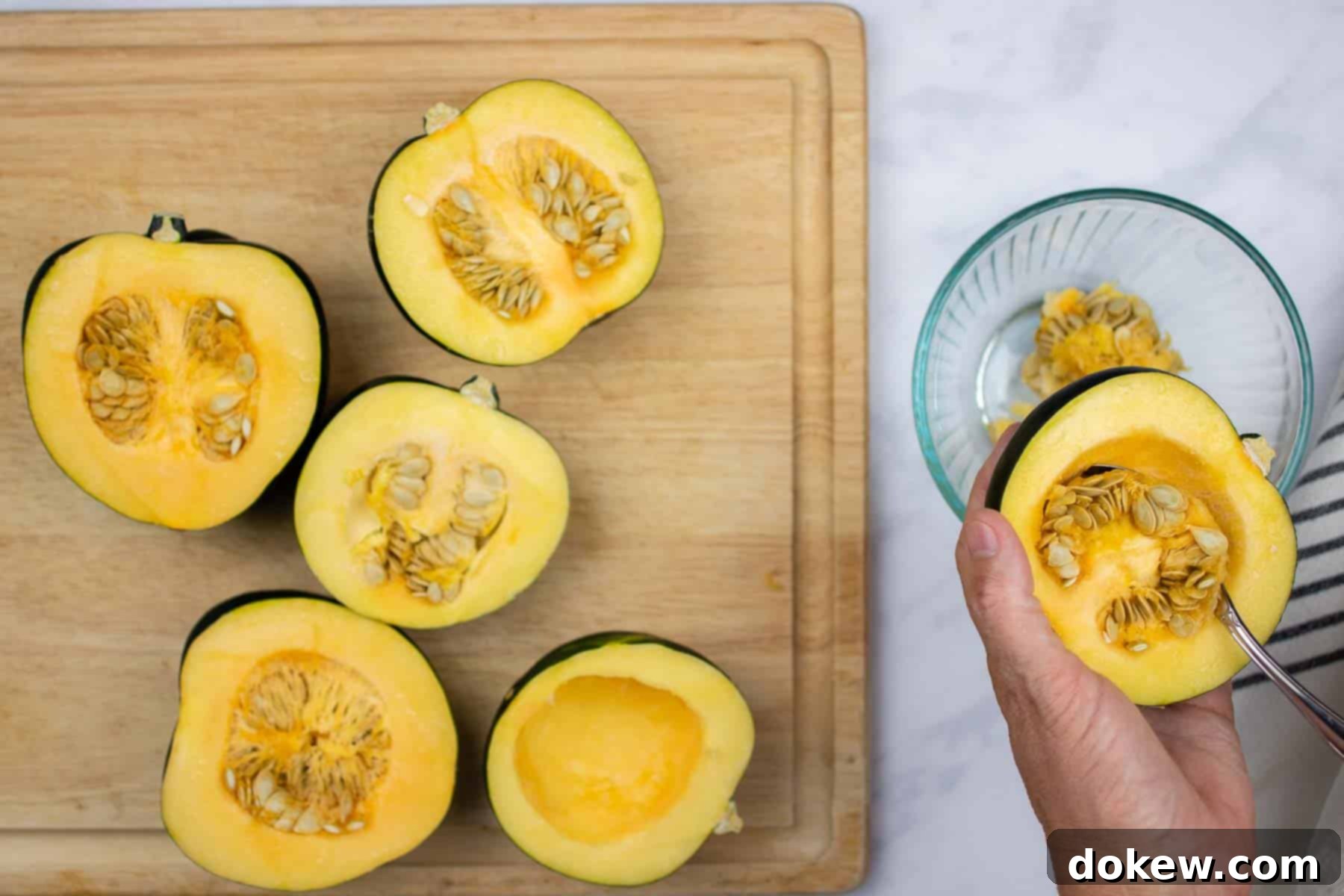 Quick and Easy Microwave Acorn Squash 5 Close-up of two acorn squash halves, freshly cleaned of seeds and stringy pulp, showcasing their smooth, ready-to-cook interior.