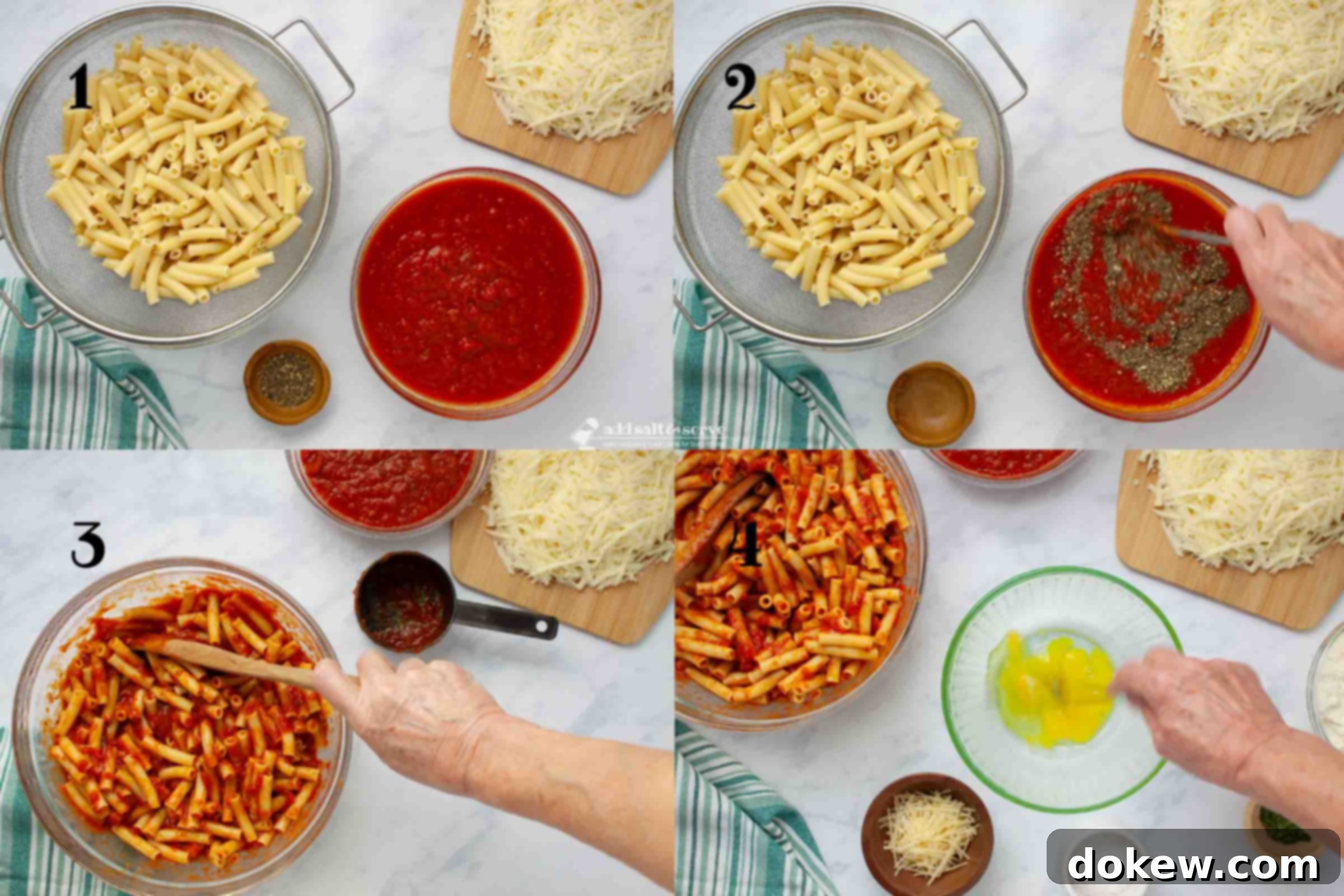 Classic Cheesy Meatless Baked Ziti 4 A composite image depicting the first four steps of making baked ziti: 1 - cooked ziti pasta in a pot, 2 - marinara sauce being mixed with Italian seasoning in a bowl, 3 - cooked ziti being combined with the seasoned marinara sauce in a large bowl, 4 - an egg being beaten in a medium bowl.