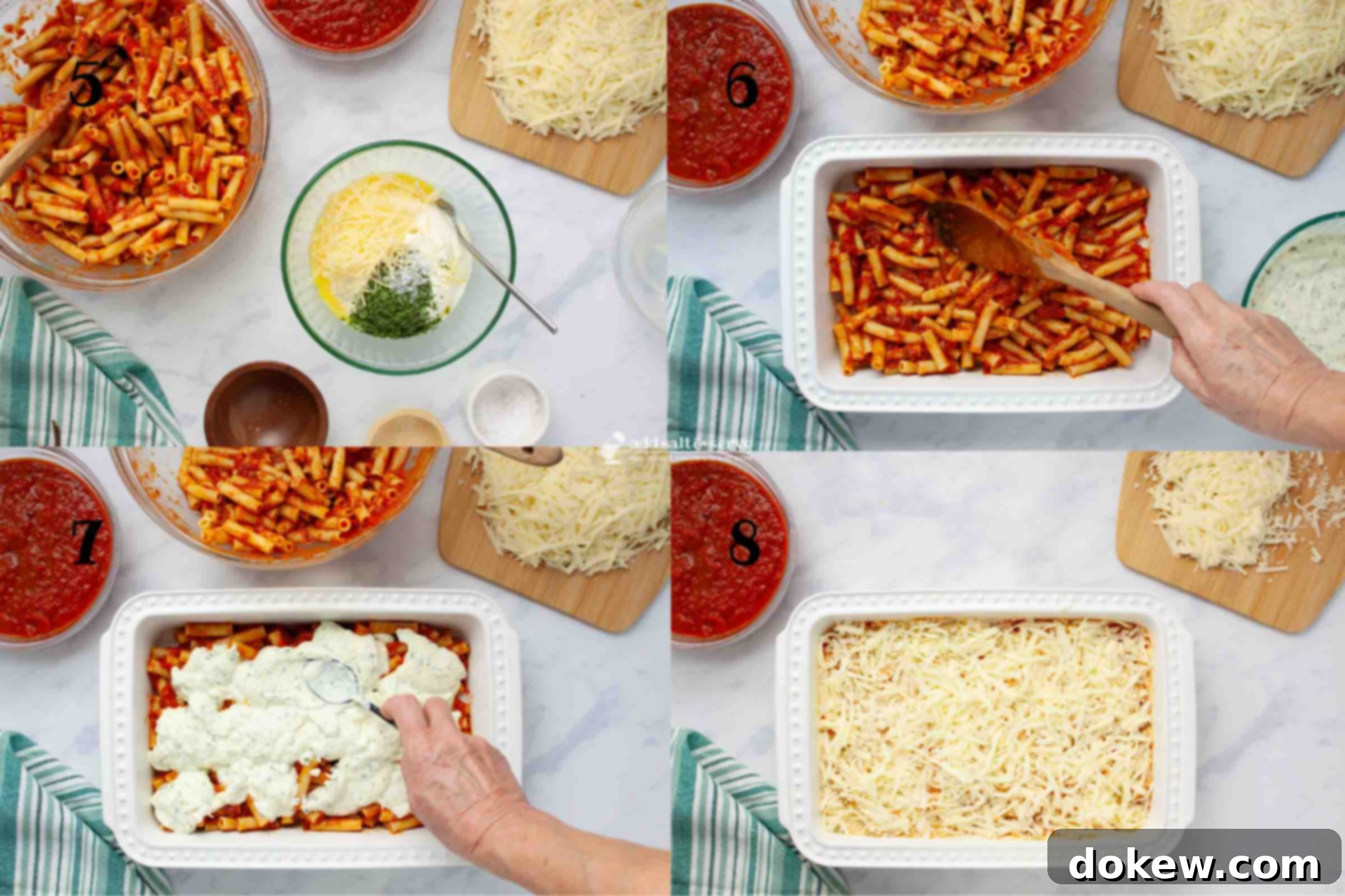 Classic Cheesy Meatless Baked Ziti 5 A composite image showing the layering steps for baked ziti: 5 - beaten egg mixed with ricotta, Parmesan, parsley, and salt; 6 - half of the pasta and marinara mixture spread in a baking pan; 7 - spoonfuls of the ricotta mixture dolloped over the pasta layer; 8 - mozzarella cheese sprinkled over the ricotta layer.
