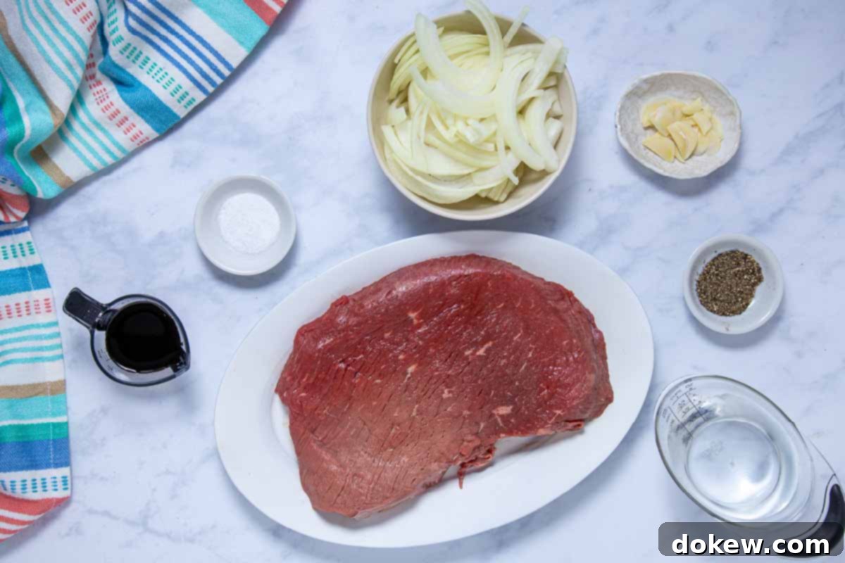 Tender Slow Cooker London Broil in Savory Au Jus 3 Ingredients for corck pot London Broil with au jus: London Broil roast, water, salt, pepper, onions, garlic, and soy sauce.