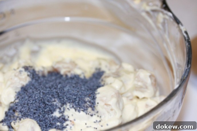 Creamy Poppy Seed Chicken Casserole Assembly - Chicken with poppy seeds Creamy Poppy Seed Chicken Casserole Assembly - Cooked chicken with sour cream and soup mixture, now with poppy seeds mixed in.