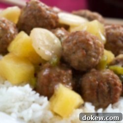 Sweet and Tangy Meatballs on a Bed of Rice 2 Sweet and Sour Meatballs with Rice, a quick and easy recipe with frozen meatballs, pineapple, and water chestnuts.