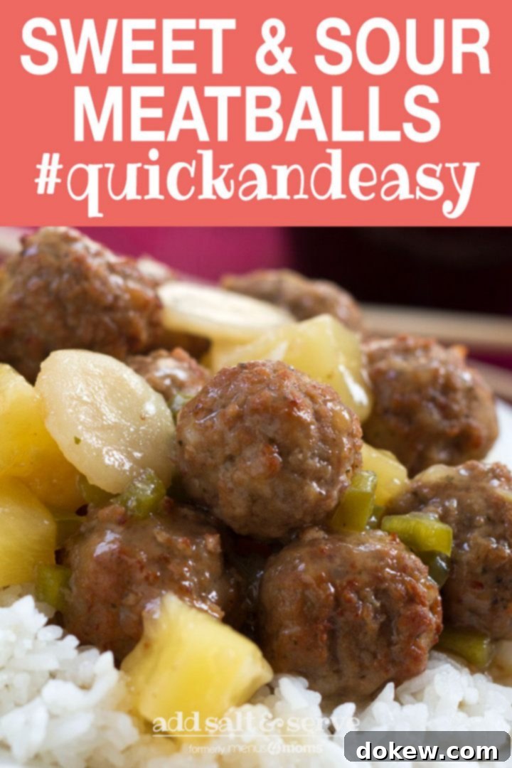 Sweet and Sour Meatballs with Rice Recipe Close-up of sweet and sour meatballs, water chestnuts, and pineapple chunks in a rich sauce, ready to be served over rice, highlighting the glossy texture.