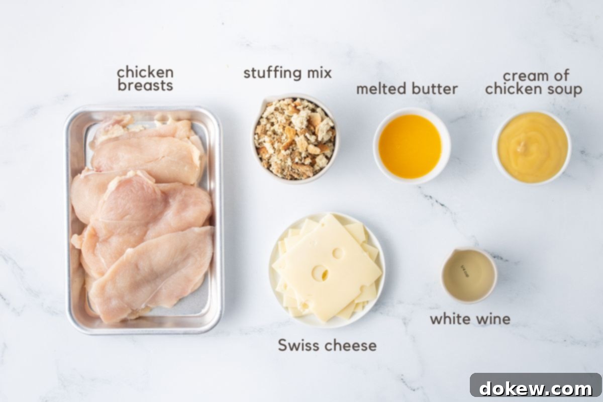 Savory White Wine Swiss Chicken Bake 3 Ingredients for Swiss Chicken: chicken breasts, stuffing mix, Swiss cheese, white wine, cream of chicken soup, and melted butter.