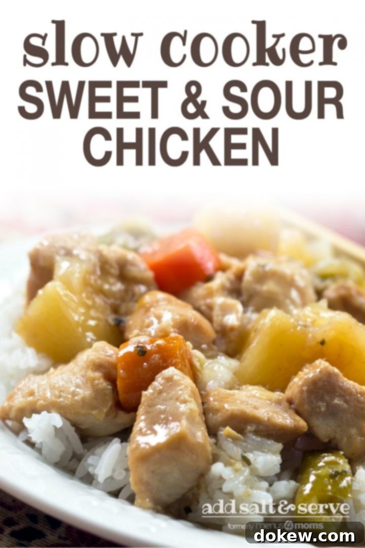 Slow Cooker Sweet and Sour Chicken Recipe Chunks of cooked chicken, pineapple, carrots, and peppers served over white rice with text slow cooker sweet and sour chicken