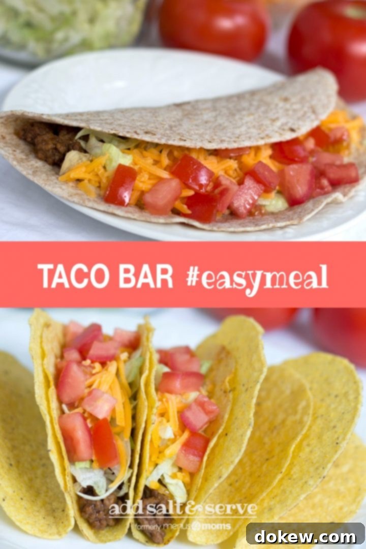 Taco Bar Composite image with top image showing soft taco with shredded lettuce, grated cheese, and chopped tomatoes and bottom image showing hard tacos garnished the same way and text Taco Bar #easymeal