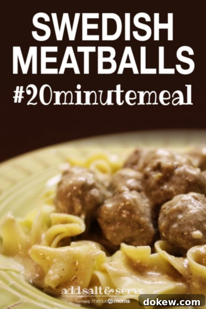 Swedish Meatball Recipe Yellow bowl with egg noodles covered in meatballs with cream sauce and text Swedish Meatballs #20minutemeal
