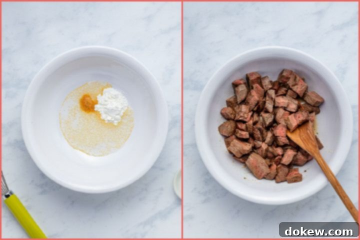 Repurposed Steak and Broccoli Stirfry 3 Composite image showing cornstarch slurry preparation and coating of leftover steak slices in a bowl.
