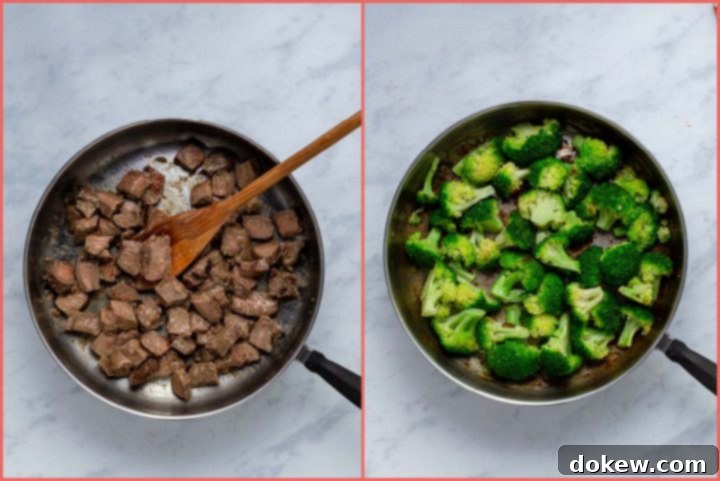 Repurposed Steak and Broccoli Stirfry 4 Composite image showing leftover steak being stir-fried in a skillet, followed by broccoli being sautéed in the same pan for Easy Beef and Broccoli.