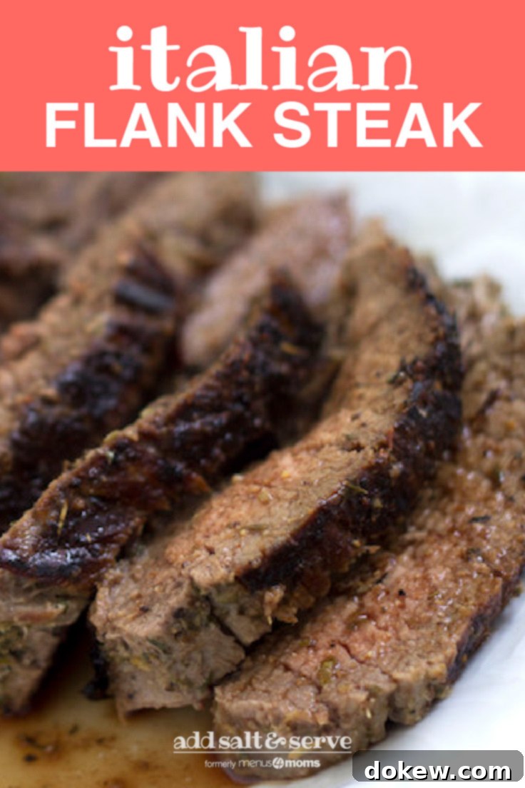 Tuscan Herb Flank Steak 4 Seasoned and grilled flank steak sliced and plated with juices and text Italian Flank Steak