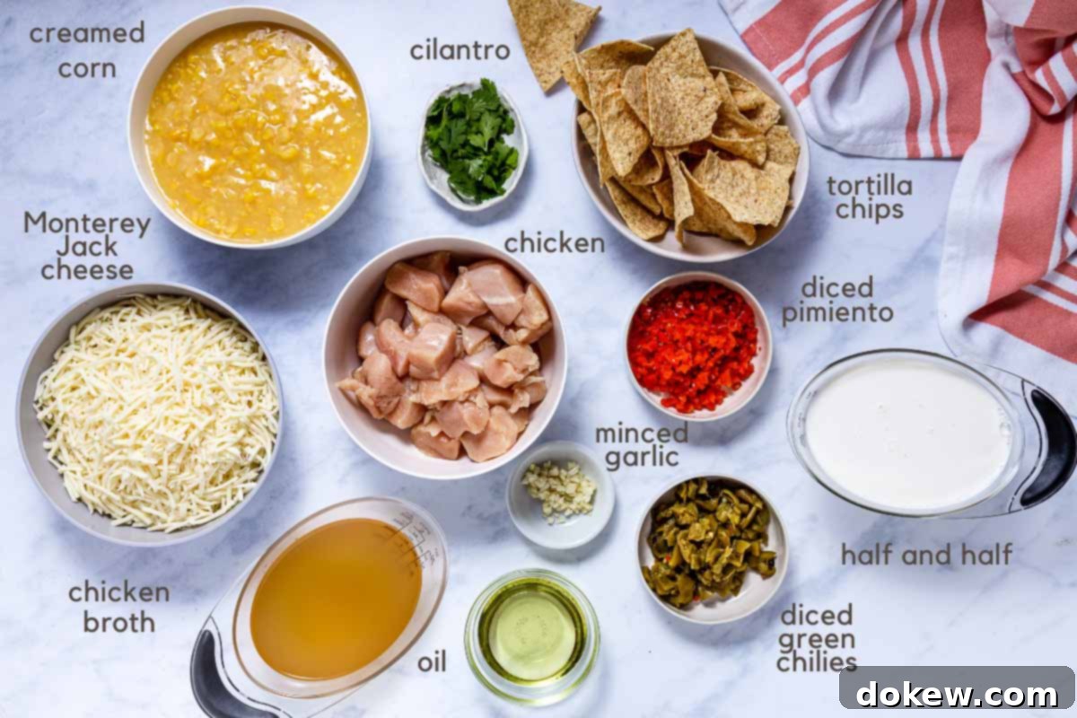 Smoky Southwest Chicken & Corn Chowder 2 Ingredients for Southwest Chicken Corn Chowder: chopped chicken, shredded Monterey Jack cheese, creamed corn, minced garlic, chicken broth, green chilies, diced pimento, vegetable oil, half and half, cilantro, and tortilla chips.