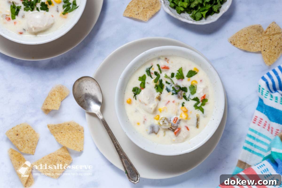 Smoky Southwest Chicken & Corn Chowder 8 Two bowls of Southwest Chicken Corn Chowder on saucers with cilantro and tortilla chips to the side.