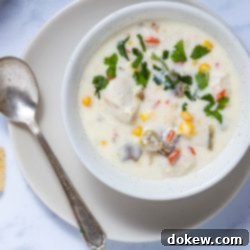 Smoky Southwest Chicken & Corn Chowder 9 Bowl of Southwest Chicken Corn Chowder garnished with cilantro on a saucer with a spoon.