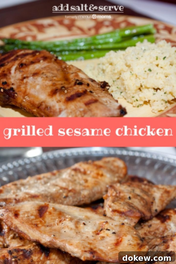 Grilled Sesame Chicken Composite image with Grilled boneless skinless chicken breasts with a sesame marinade brushed on them and served on a Armetale platter on bottom and a plate with one of the chicken breasts served with couscous and asparagus; text Grilled Sesame Chicken Add Salt & Serve