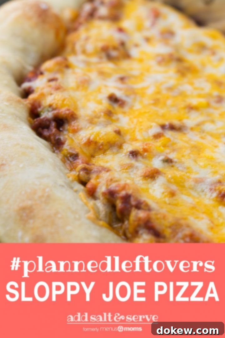 Sloppy Joe Pizza Side view of a whole pizza with sloppy joe sauce covered with colby-jack cheese on a thick crust and text Sloppy Joe Pizza #plannedleftovers Add Salt & Serve