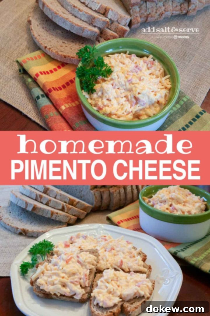 Southern Pimento Cheese Perfection 3 Top photo is Homemade Pimento Cheese in a green and white bowl, garnished with a sprig of parsley. There is an unpackaged loaf of sliced bread at the top of the photo. Bottom photo is slices of bread topped with pimento cheese, on a white plate. A sliced loaf of bread is in the background on the left. The bread is on a gray woven placemat. A green and white bowl full of pimento cheese is in the background on the right. The bowl is on a green, orange, yellow, and blue striped linen napkin. Text Add Salt & Serve formerly Menus4Moms Homemade Pimento Cheese