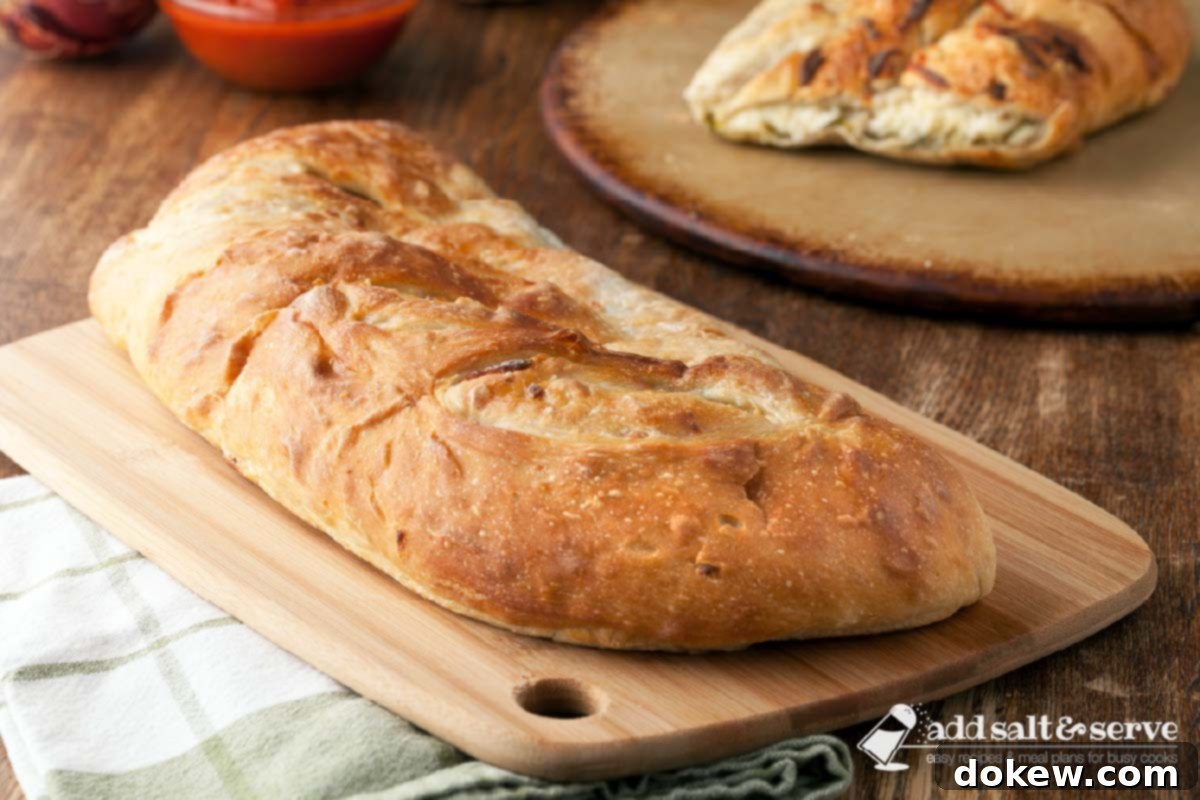 Fresh Garden Stromboli 2 A freshly baked Vegetable Stromboli on a wooden cutting board, with a perfectly sliced piece showing the savory vegetable and cheese filling inside.