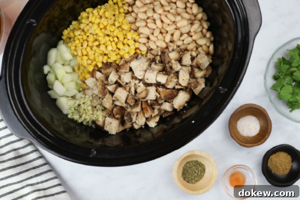 Effortless White Chicken Chili 4 Prepared ingredients for slow cooker white chicken chili placed on a counter.