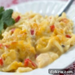 Velvet Chicken Tetrazzini Bake 2 Chicken Tetrazzini on a white plate