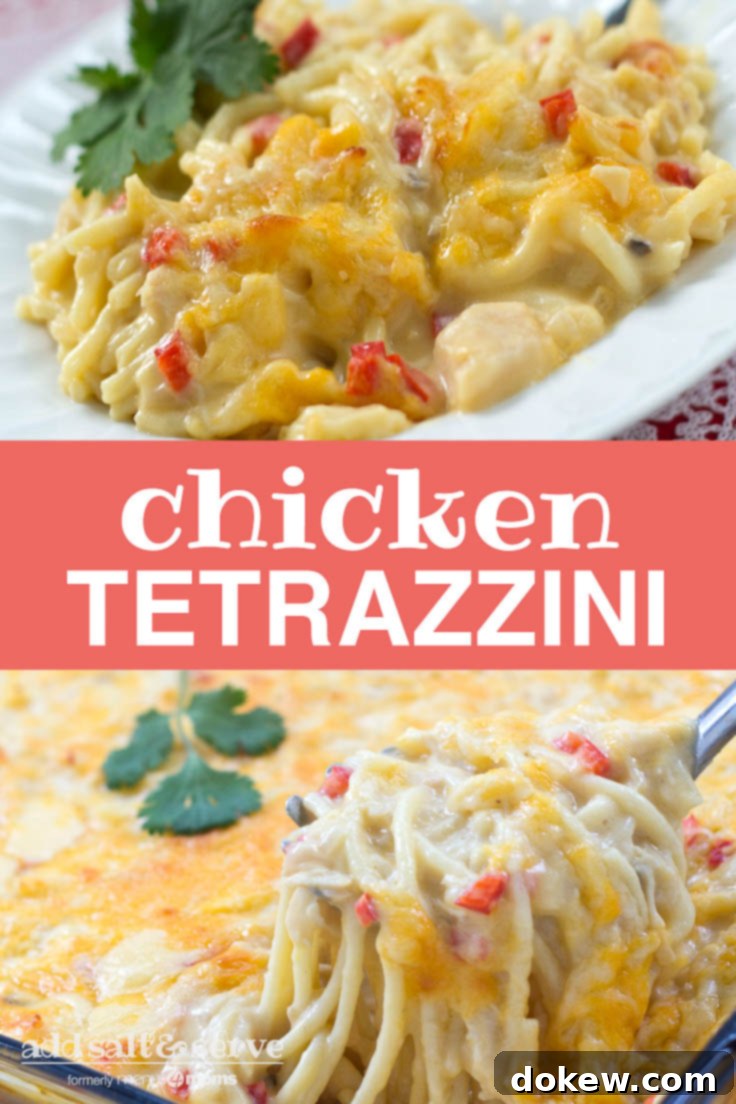 Velvet Chicken Tetrazzini Bake 3 Top photo is Chicken Tetrazzini on a white plate. Bottom photo is Chicken Tetrazzini in a casserole dish. Text Chicken Tetrazzini Add Salt & Serve formerly Menus4Moms