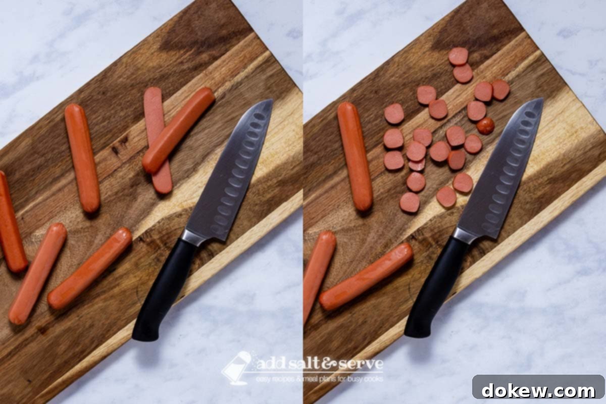 Hot Dog and Bean Bake 4 Composite photo: left side franks sliced length-wise; right side franks chopped cross-wise.