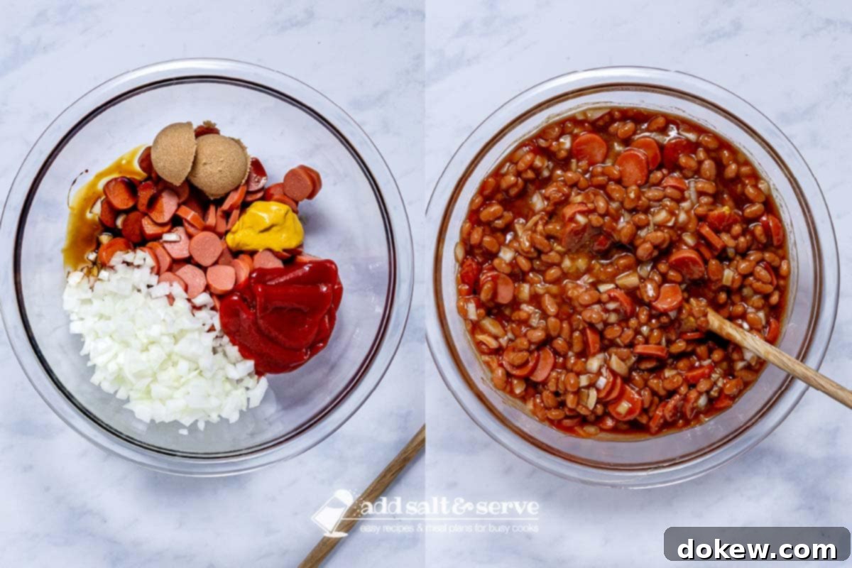 Hot Dog and Bean Bake 5 Composite photo: left side - ingredients for franks and beans sauce in a bowl before mixing; right side after mixing.