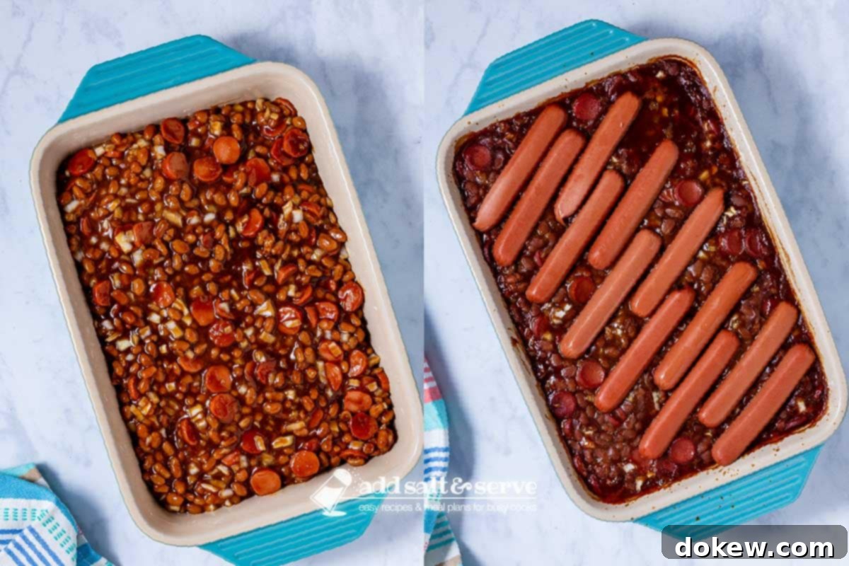 Hot Dog and Bean Bake 6 Composite photo: left side chopped hot dogs with beans in sauce in a baking dish; right side after topping with sliced hot dogs.