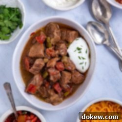 Slow Cooker Tender Beef Guisada 9 Overhead view of Carne Guisada made in the crock pot.