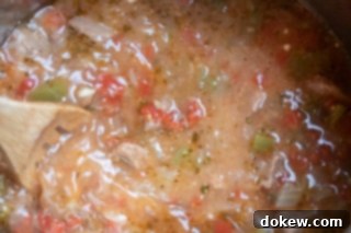 Adding and Blending Thickening Agent into Carne Guisada A two-part image showing the process of thickening Carne Guisada. The left image shows the flour mixture being added to the stew, while the right image shows the mixture being stirred vigorously to blend into the meat and vegetables, resulting in a visibly thickening gravy.
