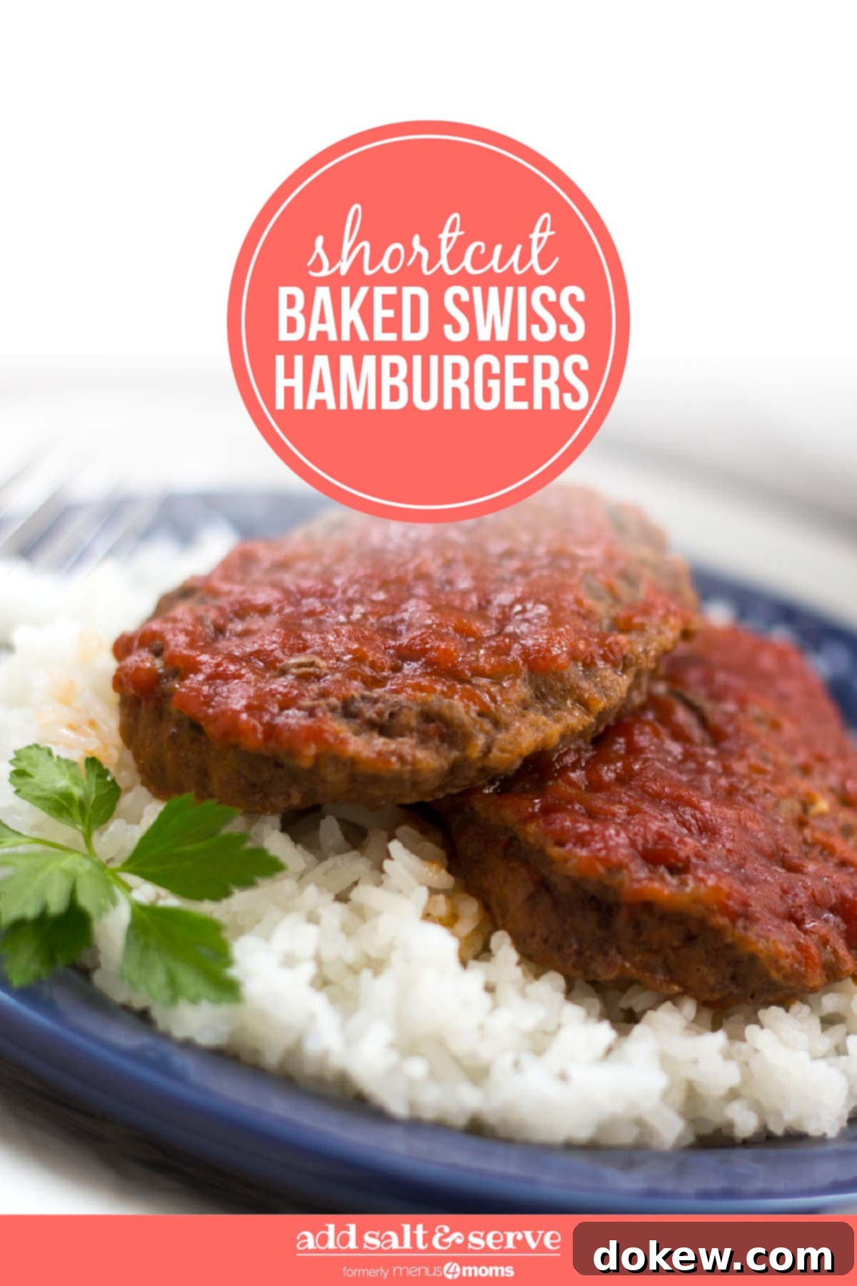 Easy Baked Swiss Burgers 4 A top-down view of two baked Swiss hamburgers generously coated in a rich, shiny tomato gravy, served with fluffy white rice, ready to be enjoyed. A perfect comfort food dish.