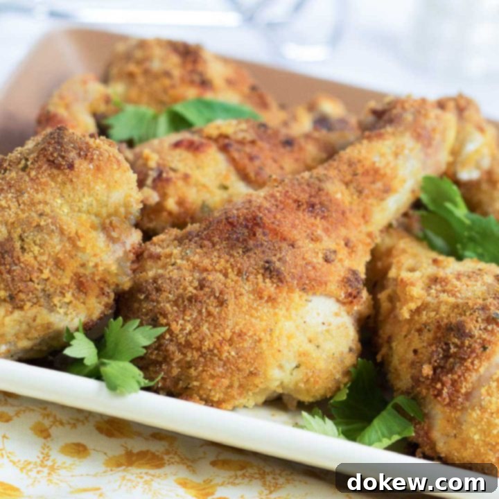 Baked Chicken Parmesan Drumsticks Crispy baked Chicken Parmesan drumsticks garnished with fresh parsley on a white plate