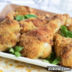 Baked Chicken Parmesan 2 Oven-baked Chicken Parmesan drumsticks with breading and parsley garnish