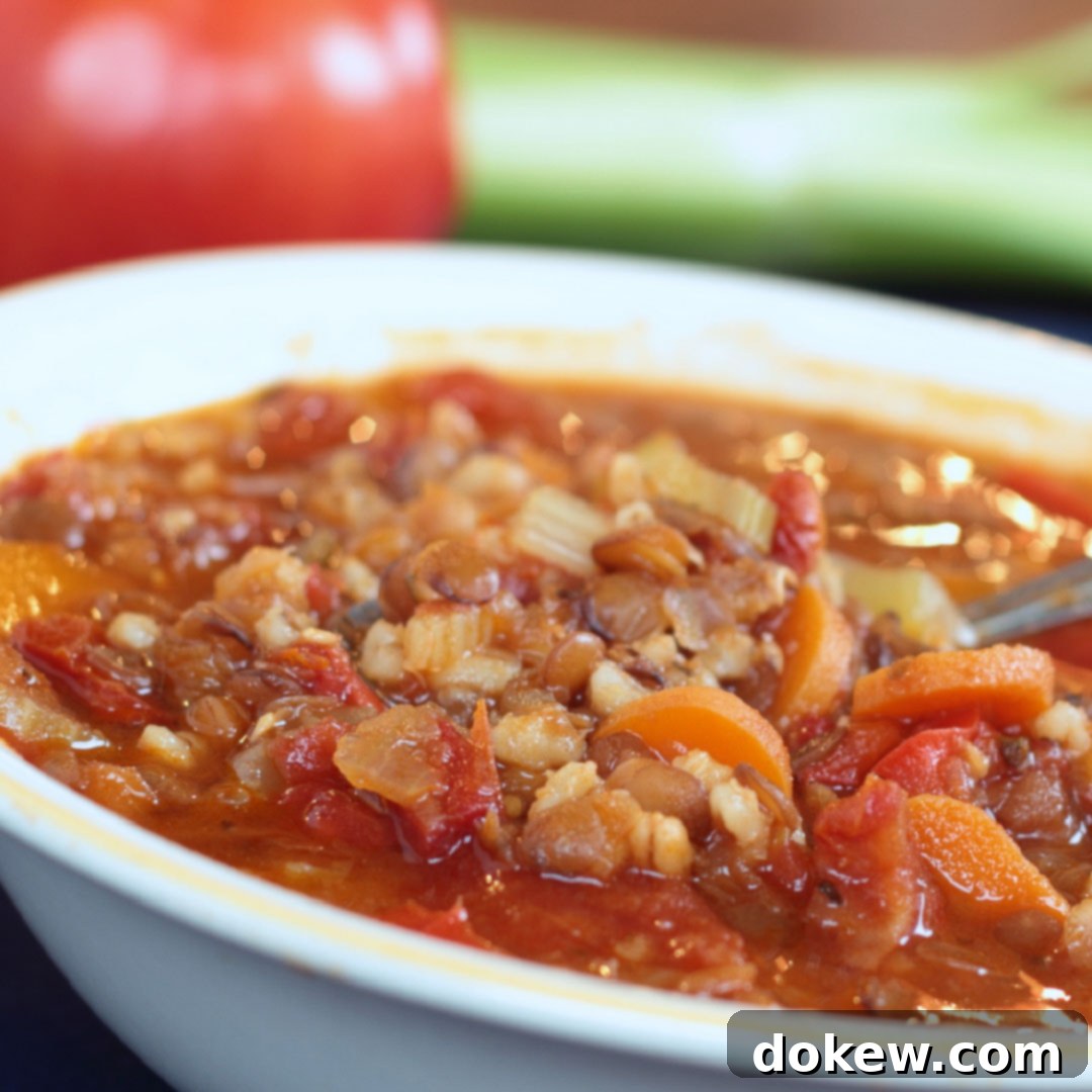 Soup with barley, lentils, carrots, tomatoes, and broth in a white bowl