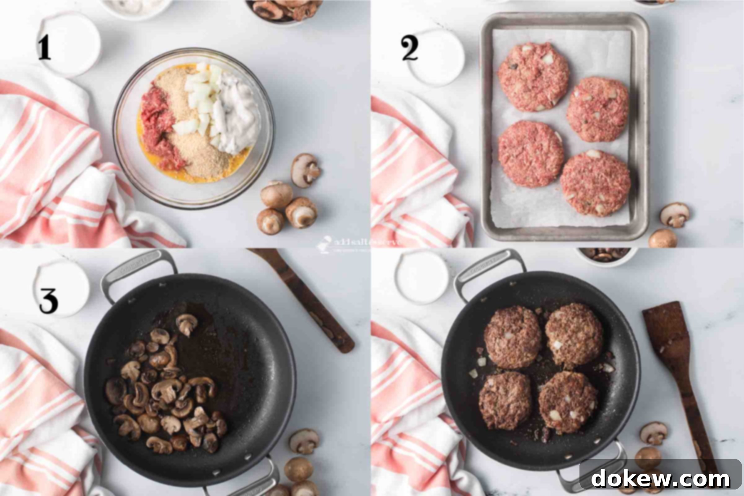 Rich Salisbury Steak in a Velvety Mushroom Sauce 4 Composite image showing how to make Mushroom Salisbury Steak: mixing ingredients, forming patties, sautéing mushrooms, browning patties.